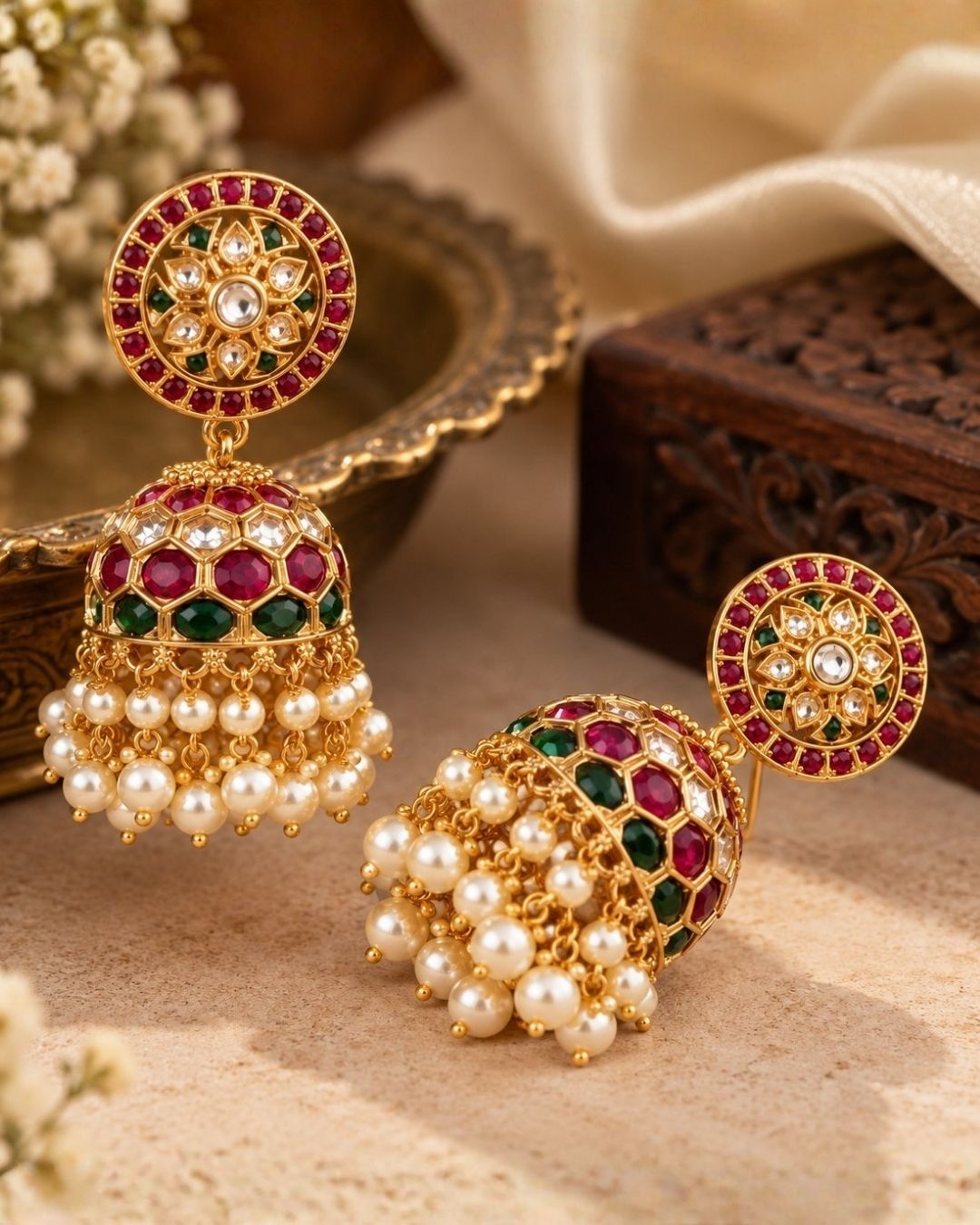 Jadau Kundan Gold Plated Round Flower Jhumkas