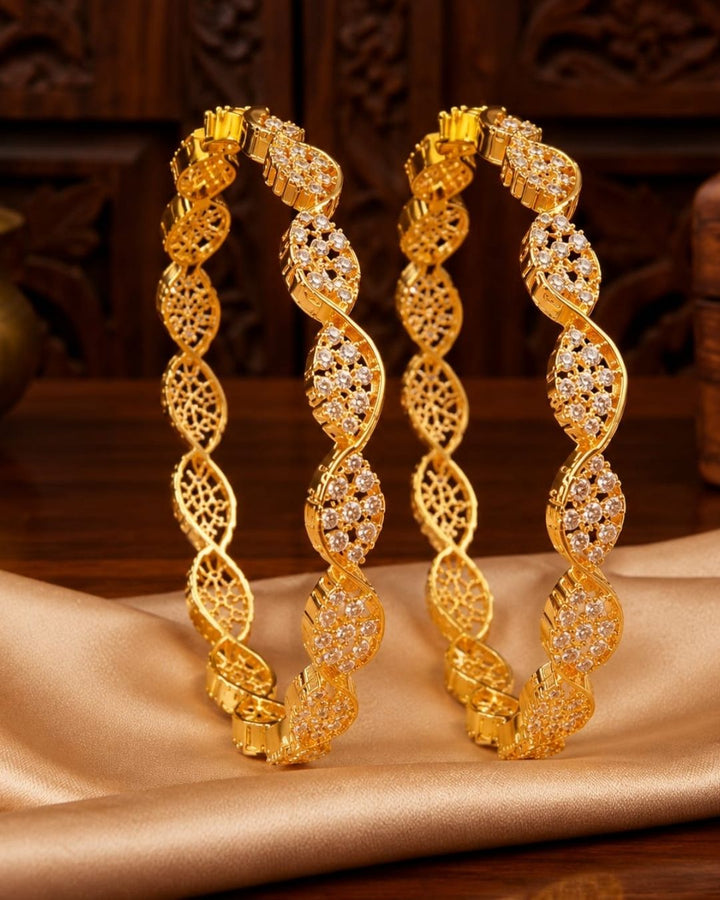 Zircon Diamond Gold Plated Leaf Pattern Bangles