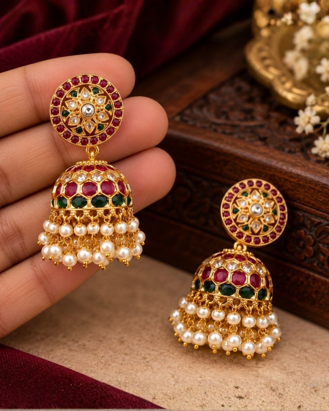 Jadau Kundan Gold Plated Round Flower Jhumkas