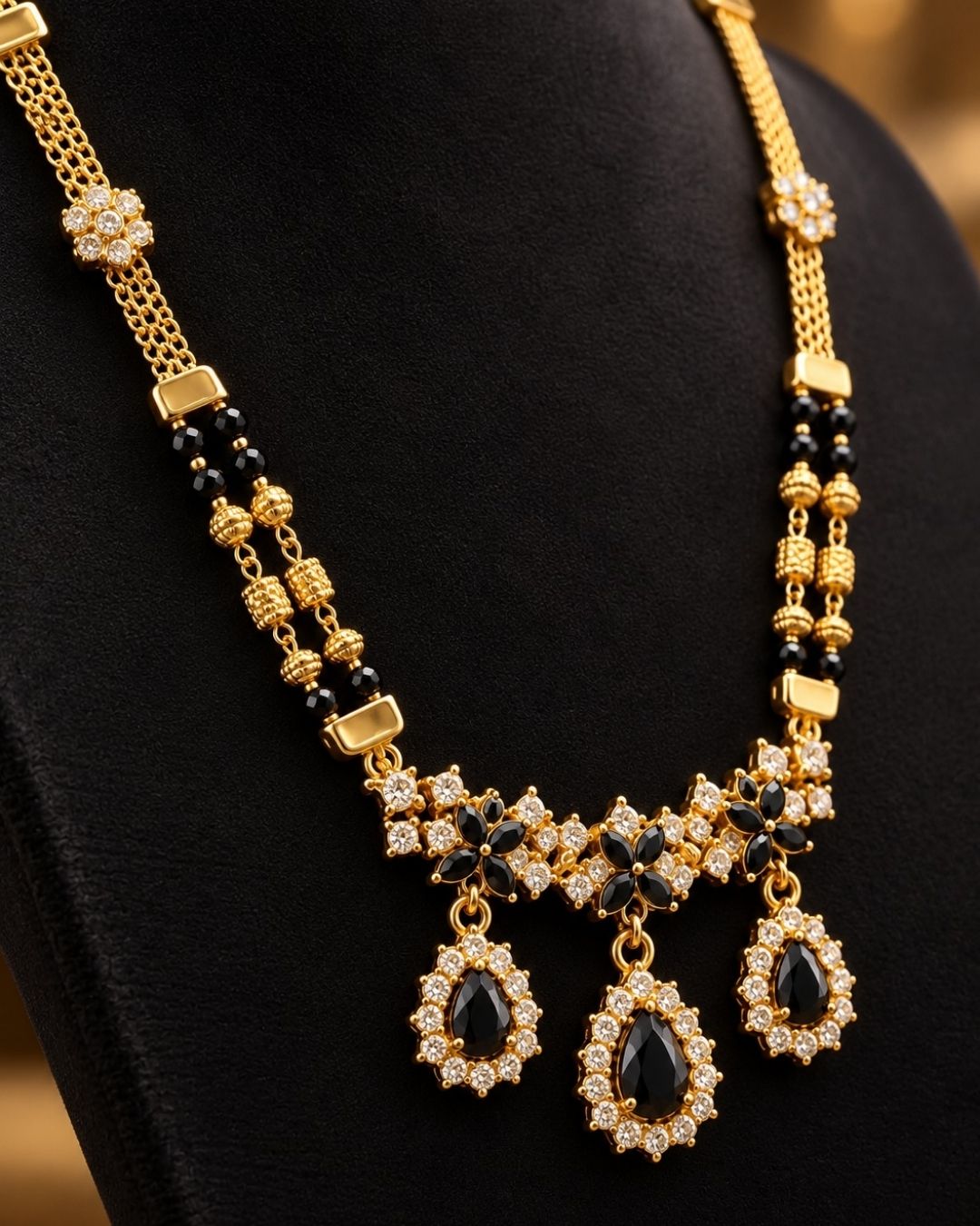 Zircon Diamond Gold Plated Designer Tear Drop Mangalsutra Set
