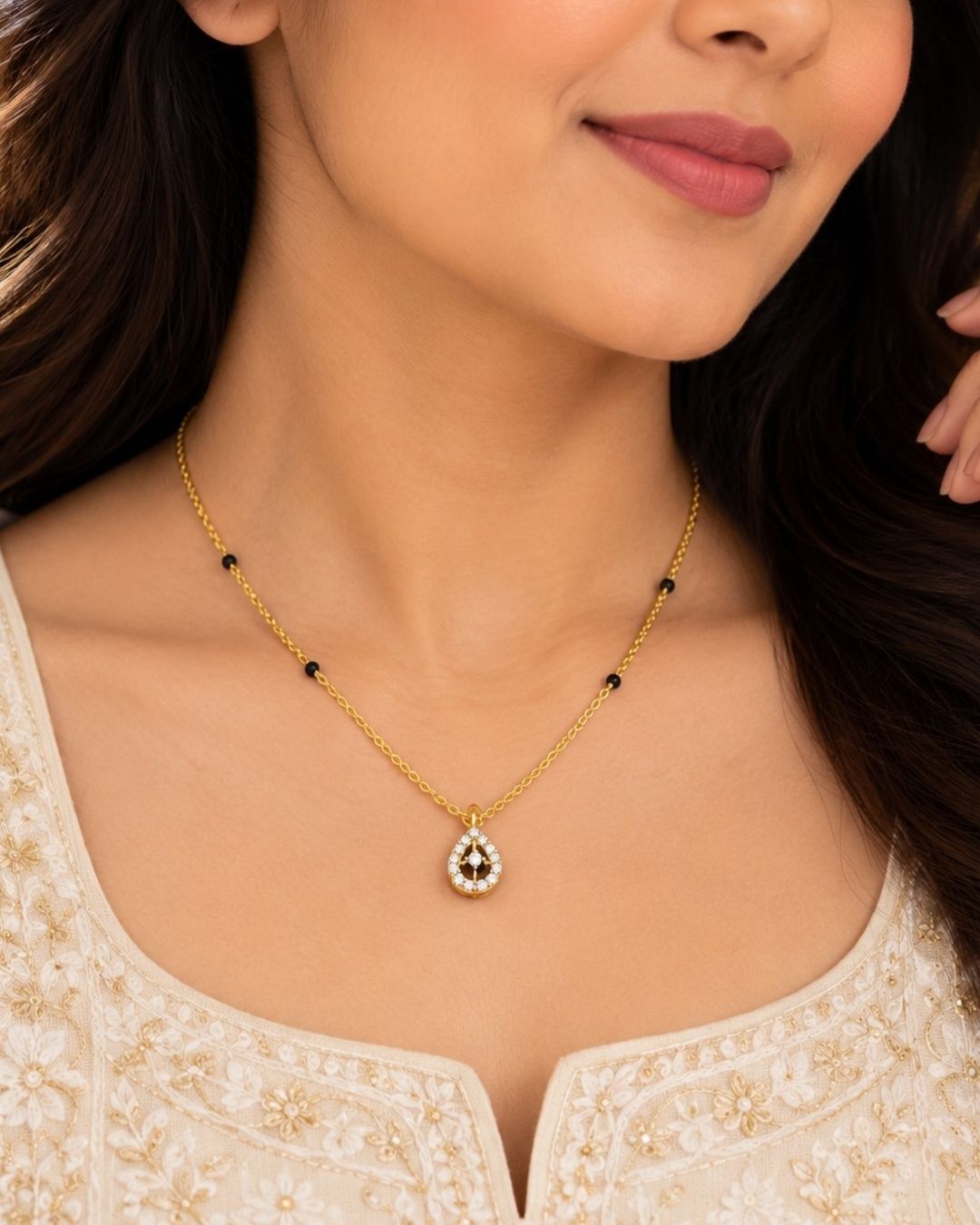 Gold Plated Black Beads Teardrop Pendant Chain