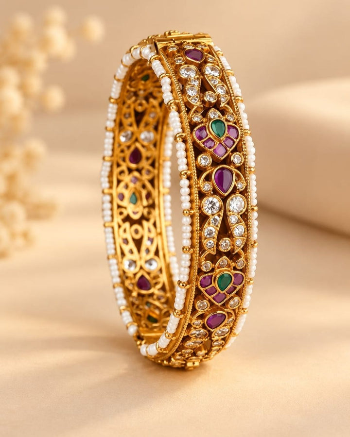 Jadau Kundan  Gold Plated Traditional Pearl Kada