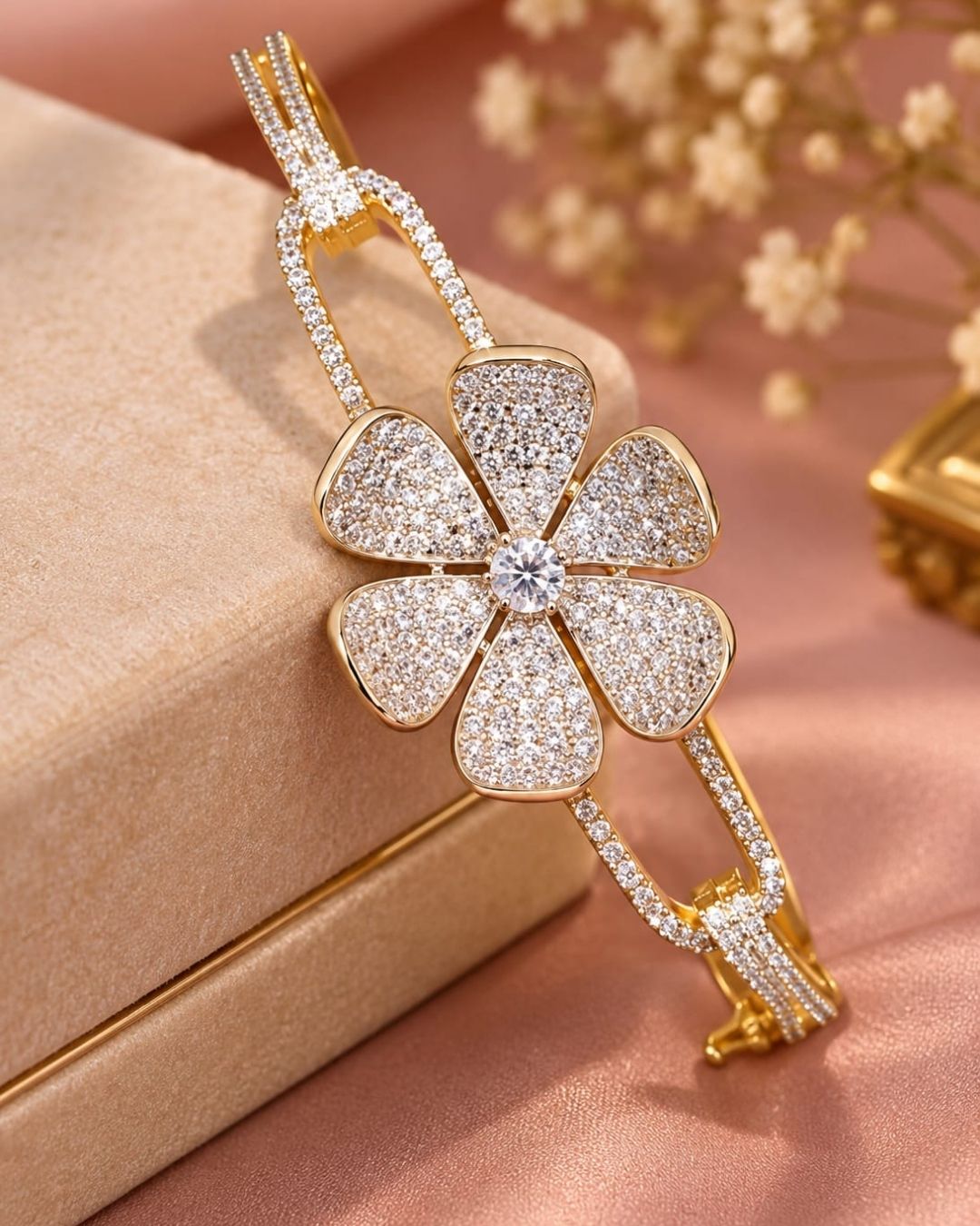 Zircon Diamond Gold Plated Openable Flower Bracelet (Kada)
