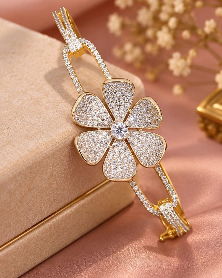 Zircon Diamond Gold Plated Openable Flower Bracelet (Kada)
