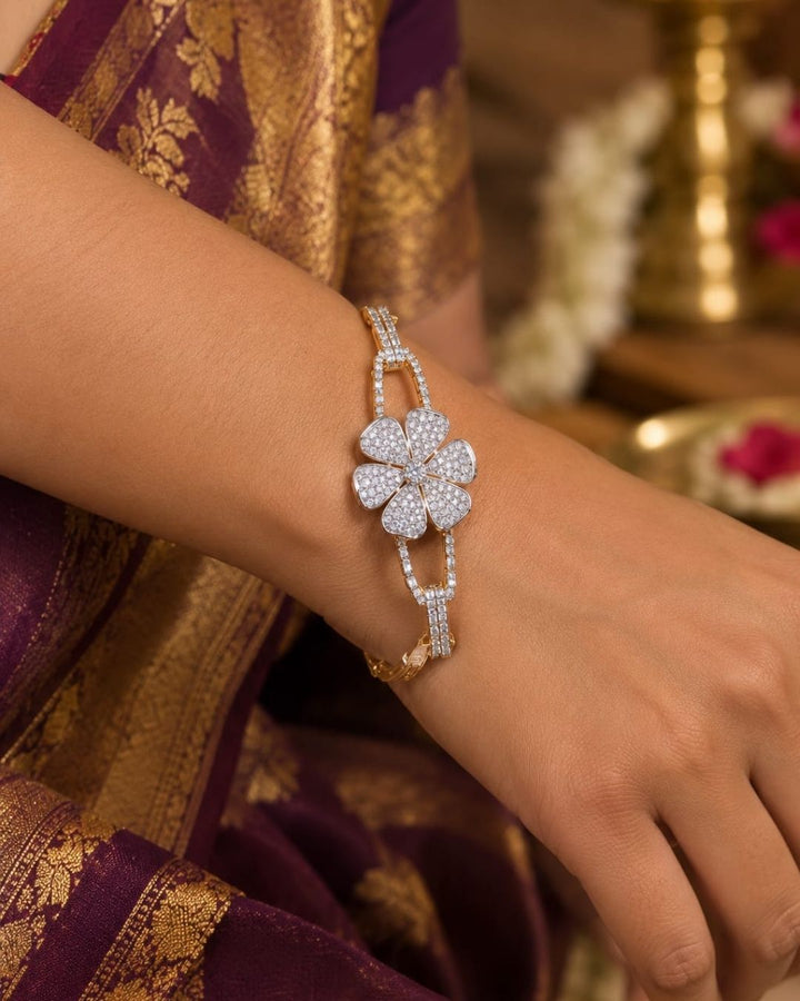 Zircon Diamond Gold Plated Openable Flower Bracelet (Kada)