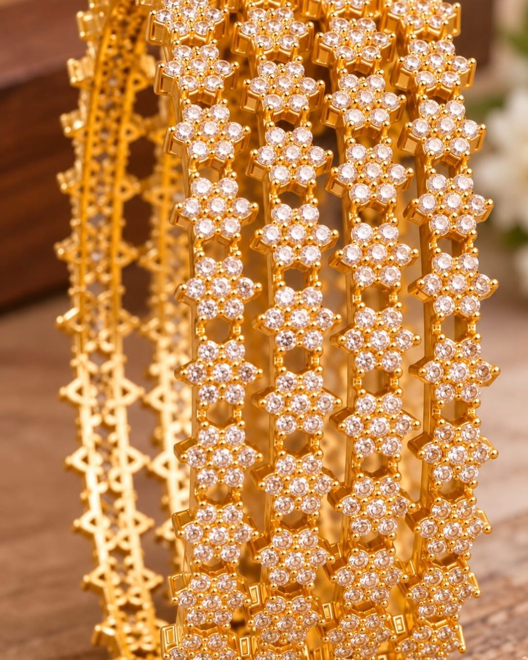 Zircon Diamond Gold Plated Floral Bangles Set