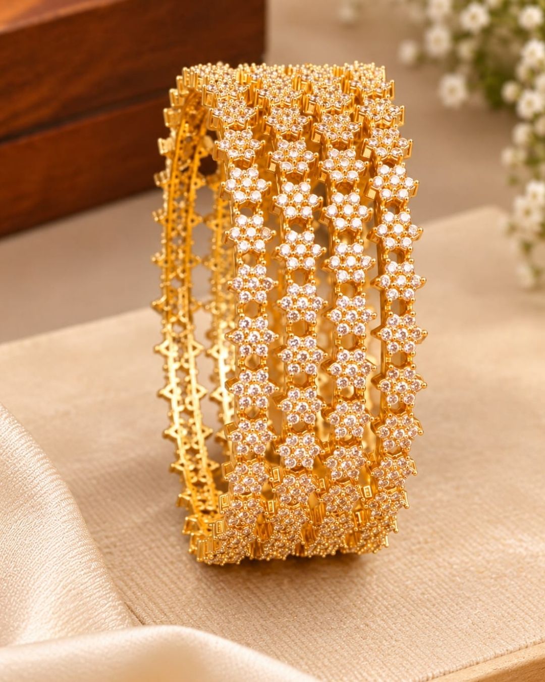 Zircon Diamond Gold Plated Floral Bangles Set