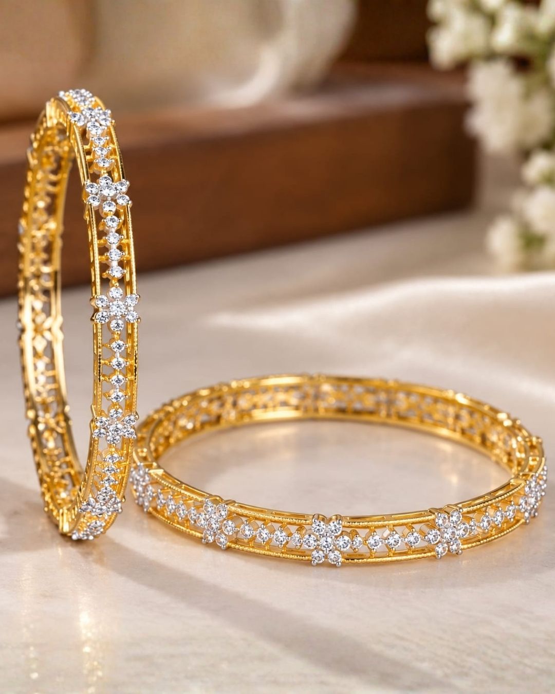 Zircon Diamond Gold Plated Flower Bangles For Kids
