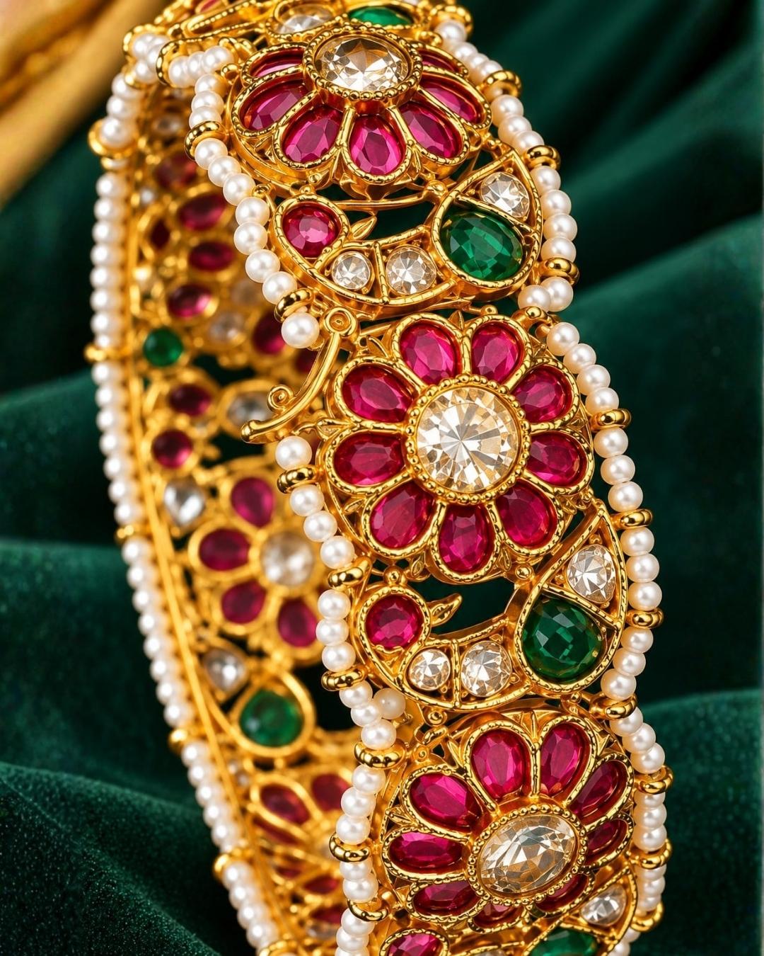Jadau Kundan Gold Plated Floral Design Openable Kada