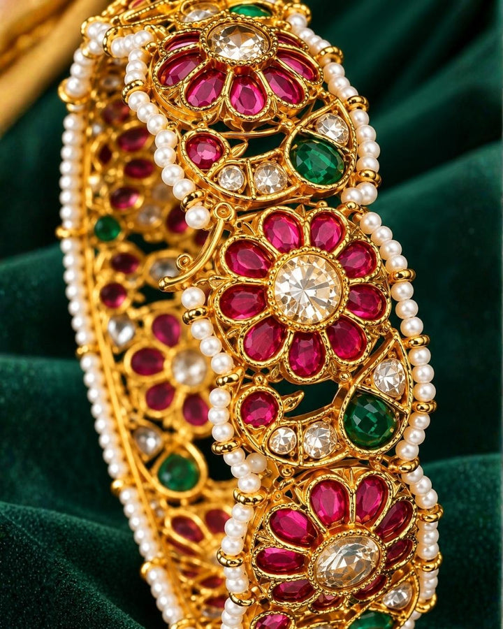 Jadau Kundan Gold Plated Floral Design Openable Kada