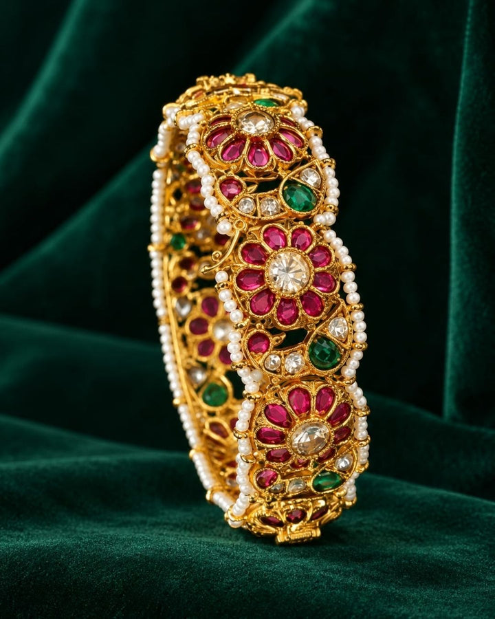 Jadau Kundan Gold Plated Floral Design Openable Kada