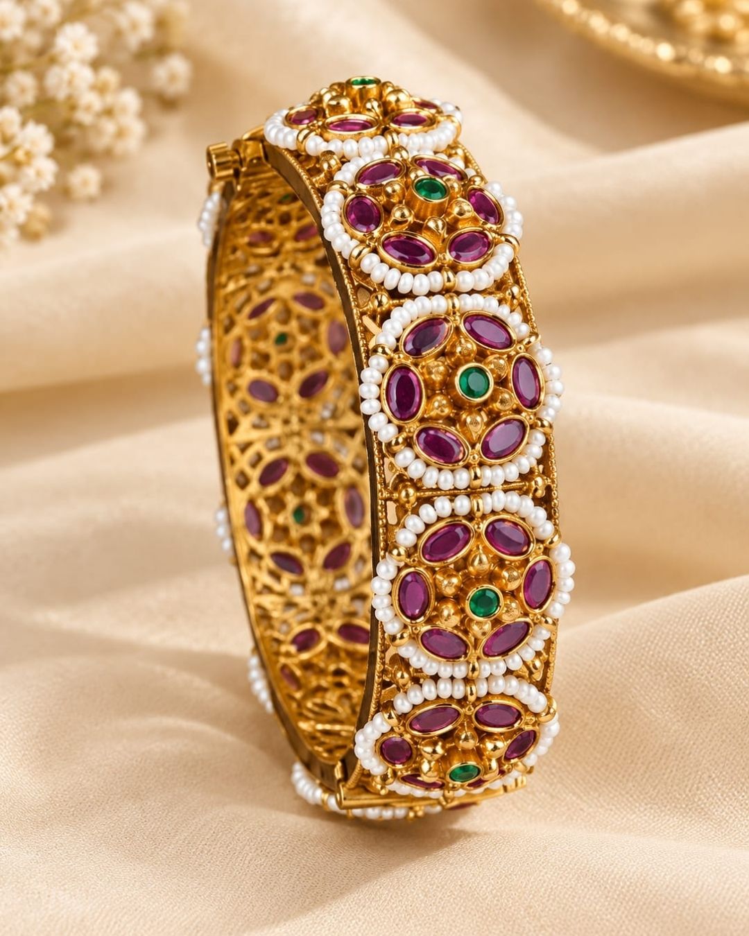 Jadau kundan Gold Plated Pearl Kundan Openable Kada