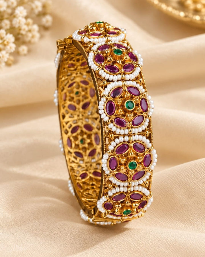 Jadau kundan Gold Plated Pearl Kundan Openable Kada