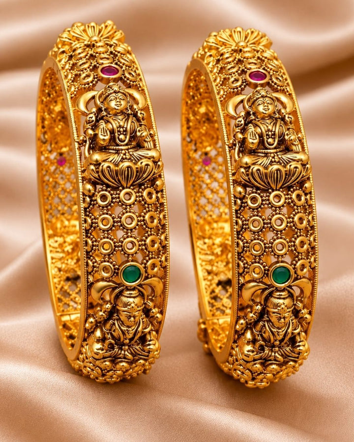 Jadau Kundan Gold Plated Temple Laxmi Devi Openable Bangles (Set of 2)