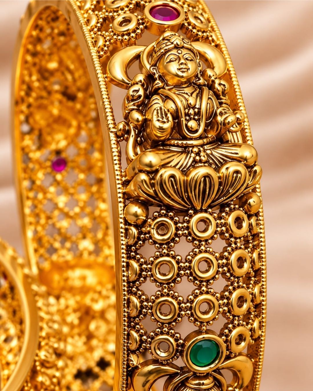 Jadau Kundan Gold Plated Temple Laxmi Devi Openable Bangles (Set of 2)