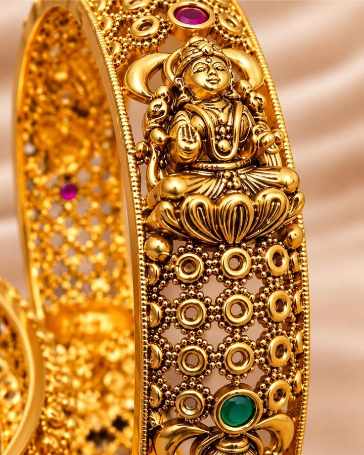 Jadau Kundan Gold Plated Temple Laxmi Devi Openable Bangles (Set of 2)