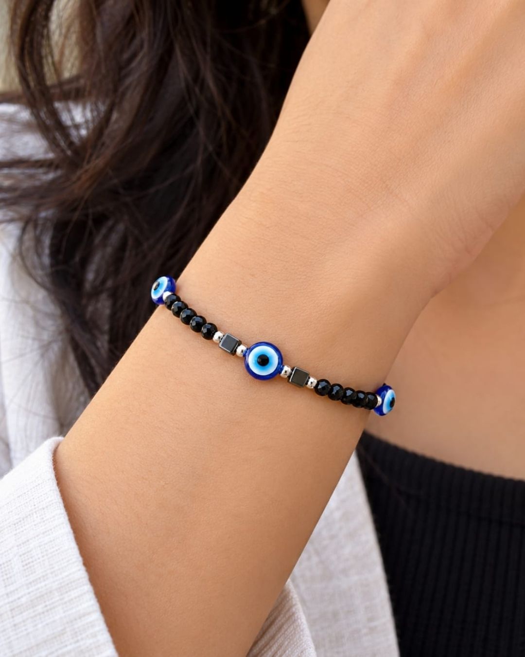 Stylish Black Beaded Evil Eye Bracelet