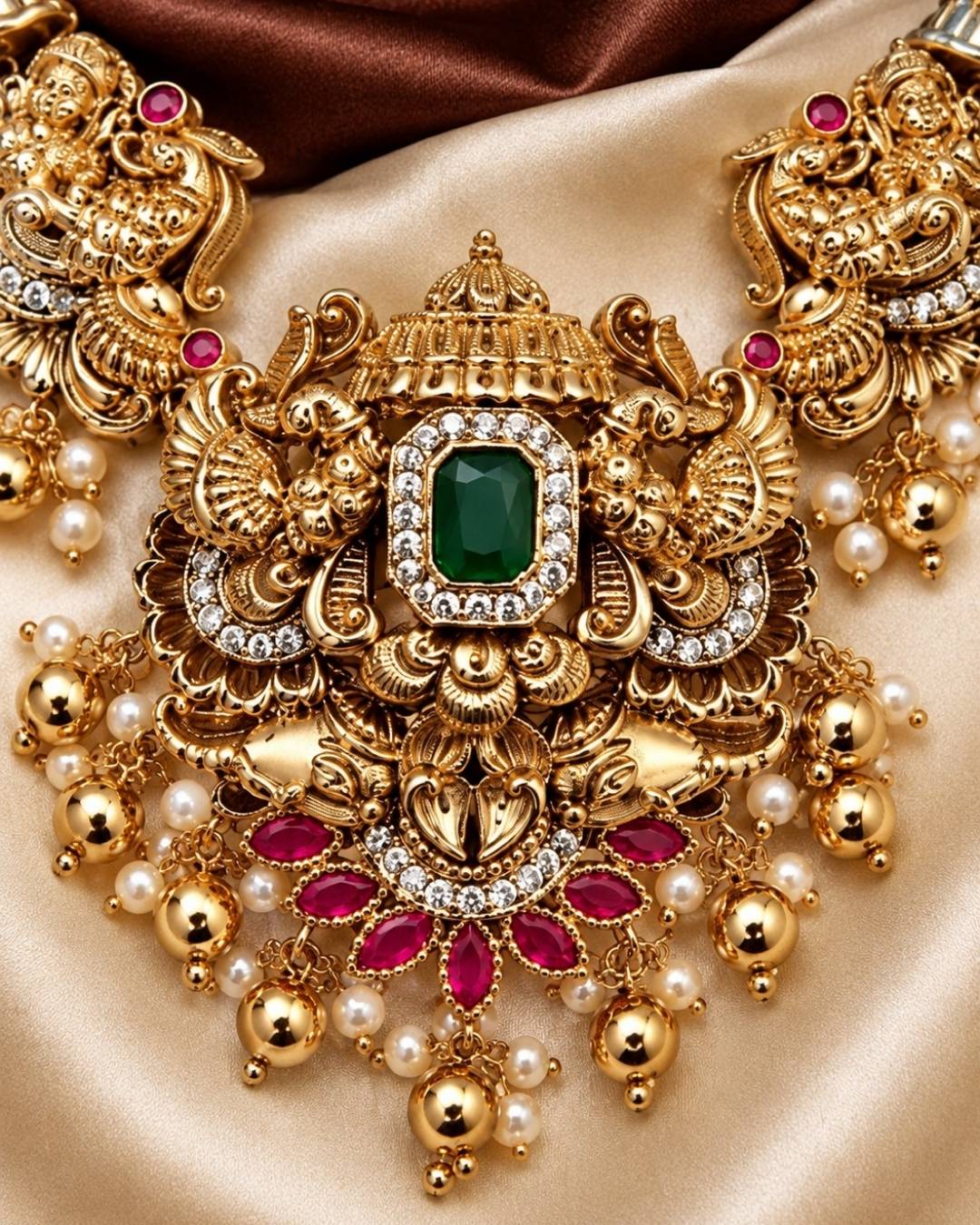 Kundan Gold Plated Beads Temple Laxmi Devi Necklace Set