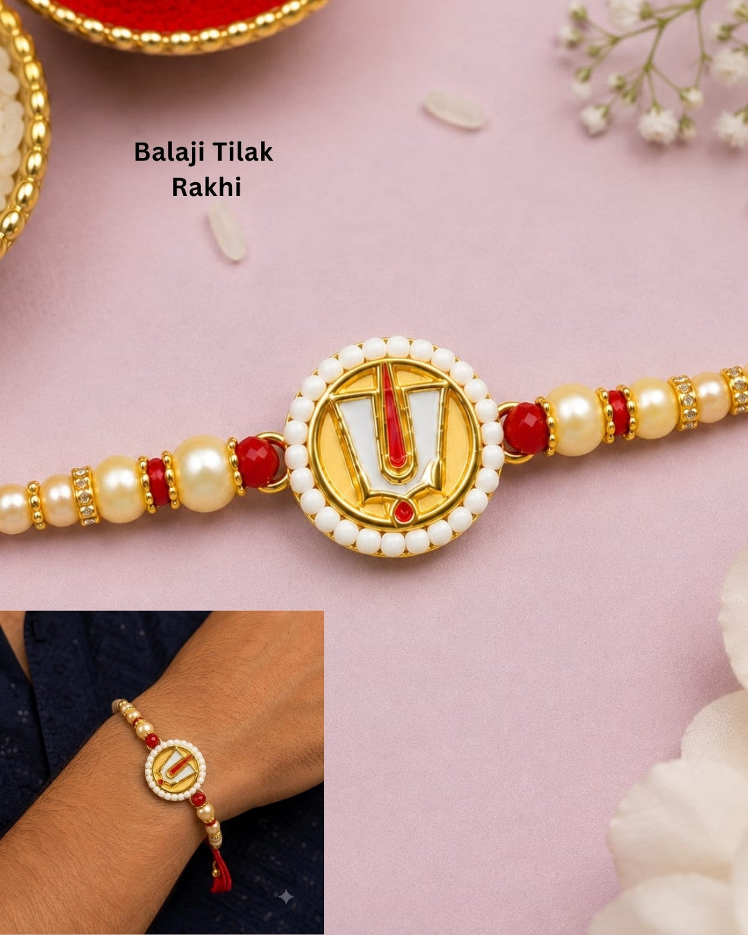 A beaded wrist chain or rakhi-style bracelet worn on a person's wrist, featuring a central gold-toned circular charm with a red symbol, surrounded by white pearl-like beads and red bead accents, with additional gold and cream beads and a red tassel.