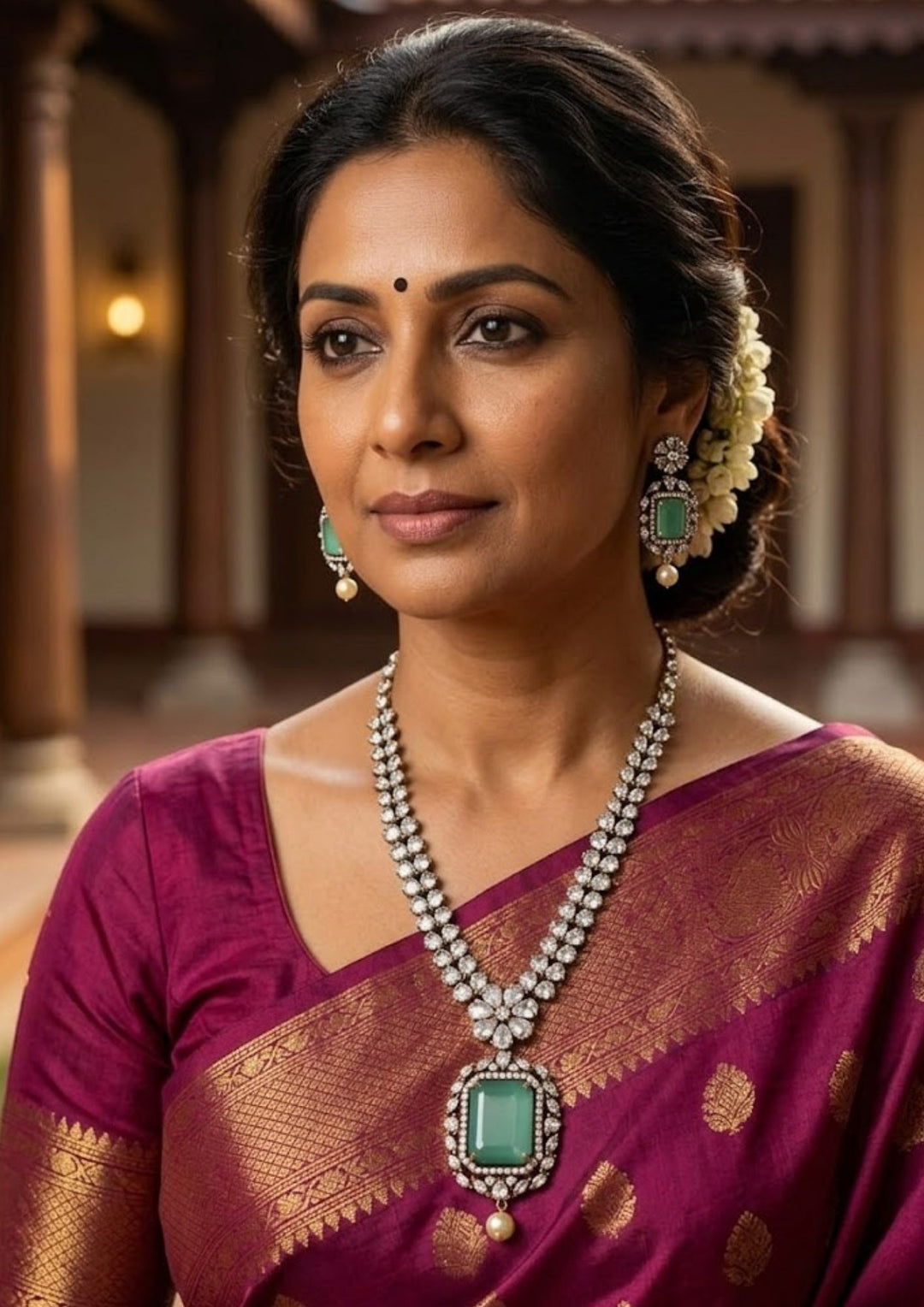 South Indian women wearing a premium antique Victorian gold plated necklace and matching earrings featuring clear uncut stones, pastel mint green centers, and classic pearl drops that give a graceful vintage royal look with lightweight comfortable use