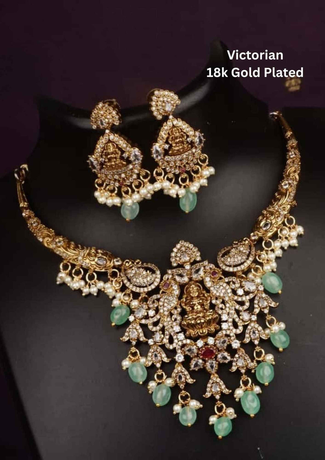 Victorian Gold Plated Temple Lakshmi Necklace With Earrings