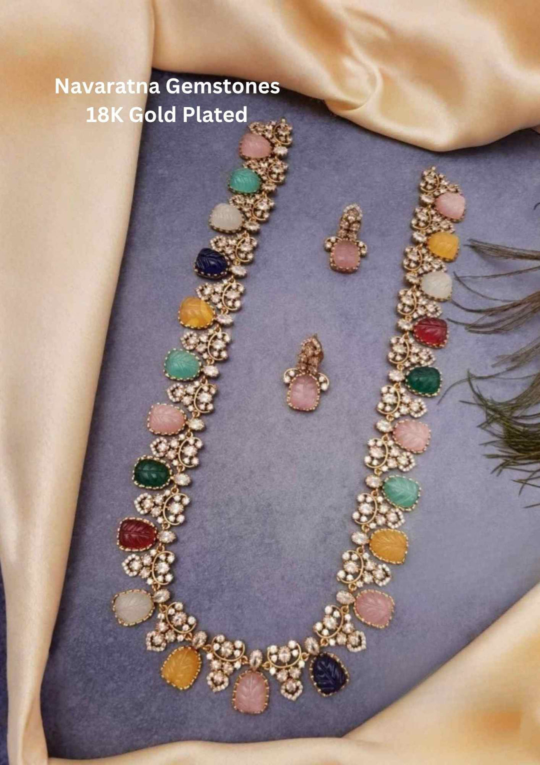 Victorian Navaratna Gold Plated Necklace with Earrings