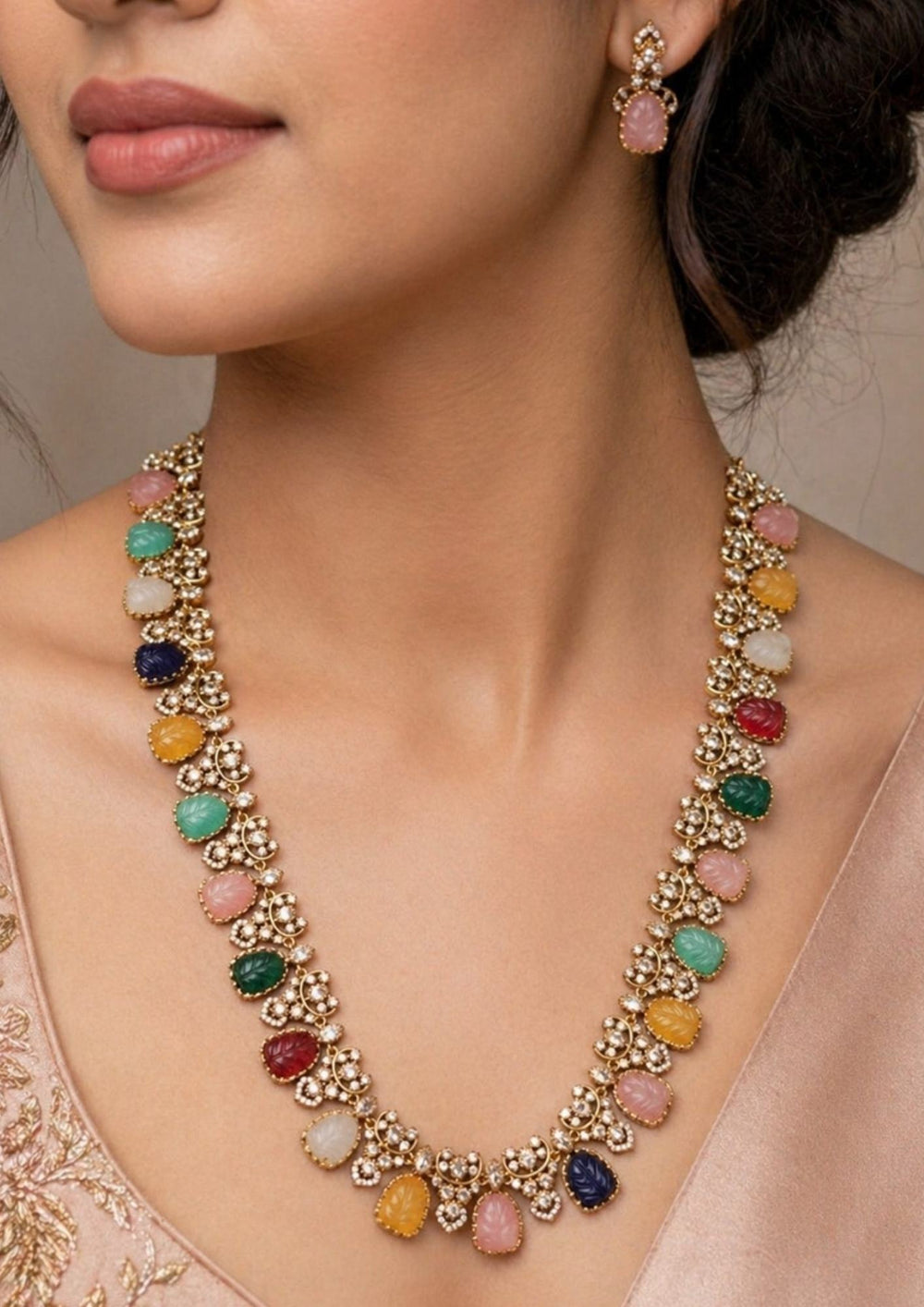Victorian Navaratna Gold Plated Necklace with Earrings Model Pic