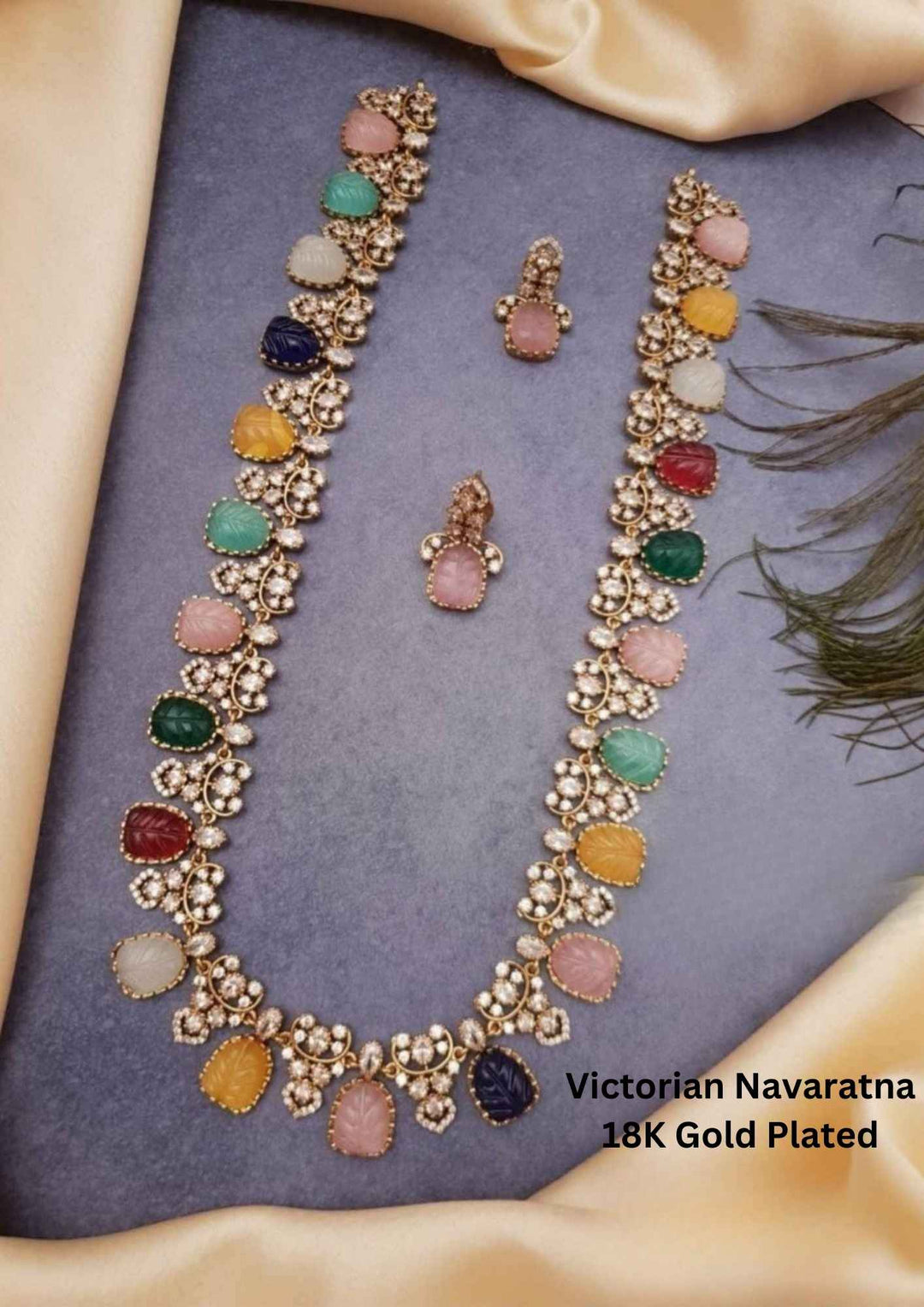 Victorian Navaratna Gold Plated Necklace with Earrings