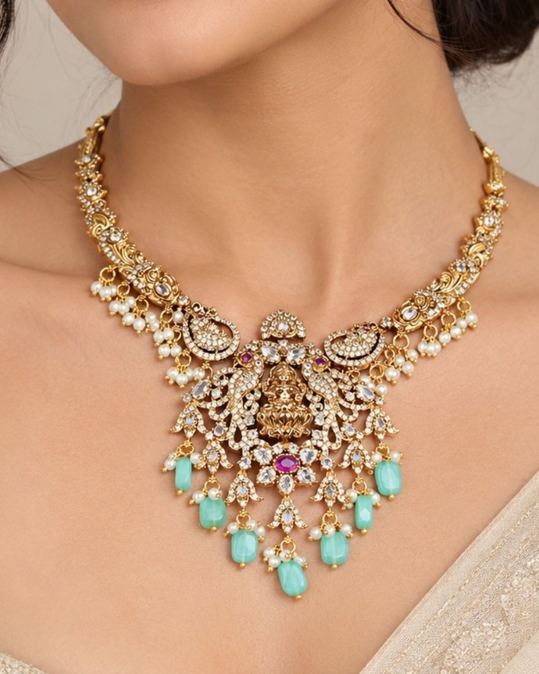 traditional jewelry victorian temple Laxmi set with earrings comes with beads and looks very elegant and adjustable necklace set comes with festive ware , weeding ware and can gift