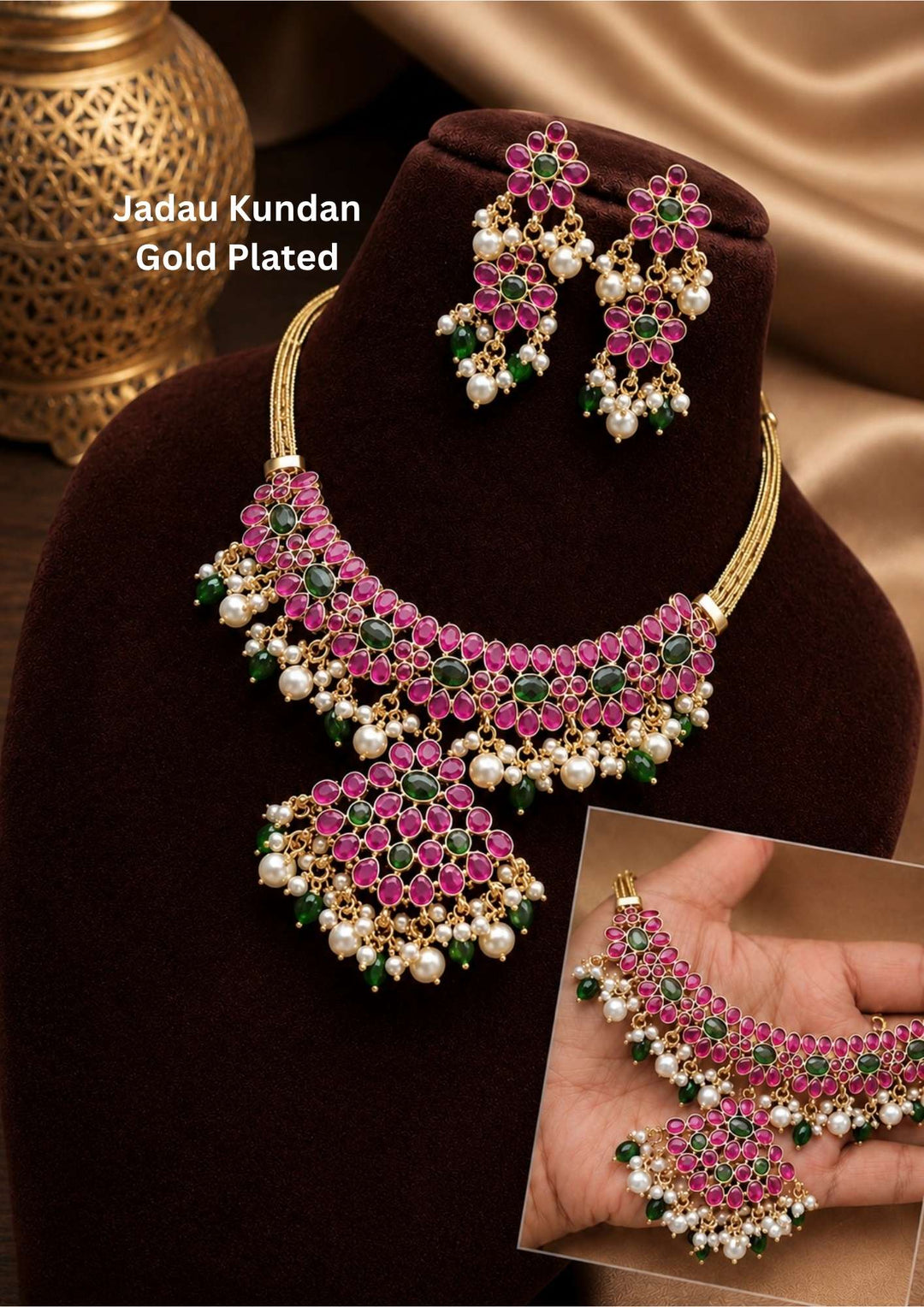 Material- We only deal in authentic Jadau Kundan, Victorian and American Diamond pieces on precious stones with real beadwork Packaging: You will receive this jewelry in a Zevana Handcrafted box. As this is a handmade product it is very rare to create identical items.