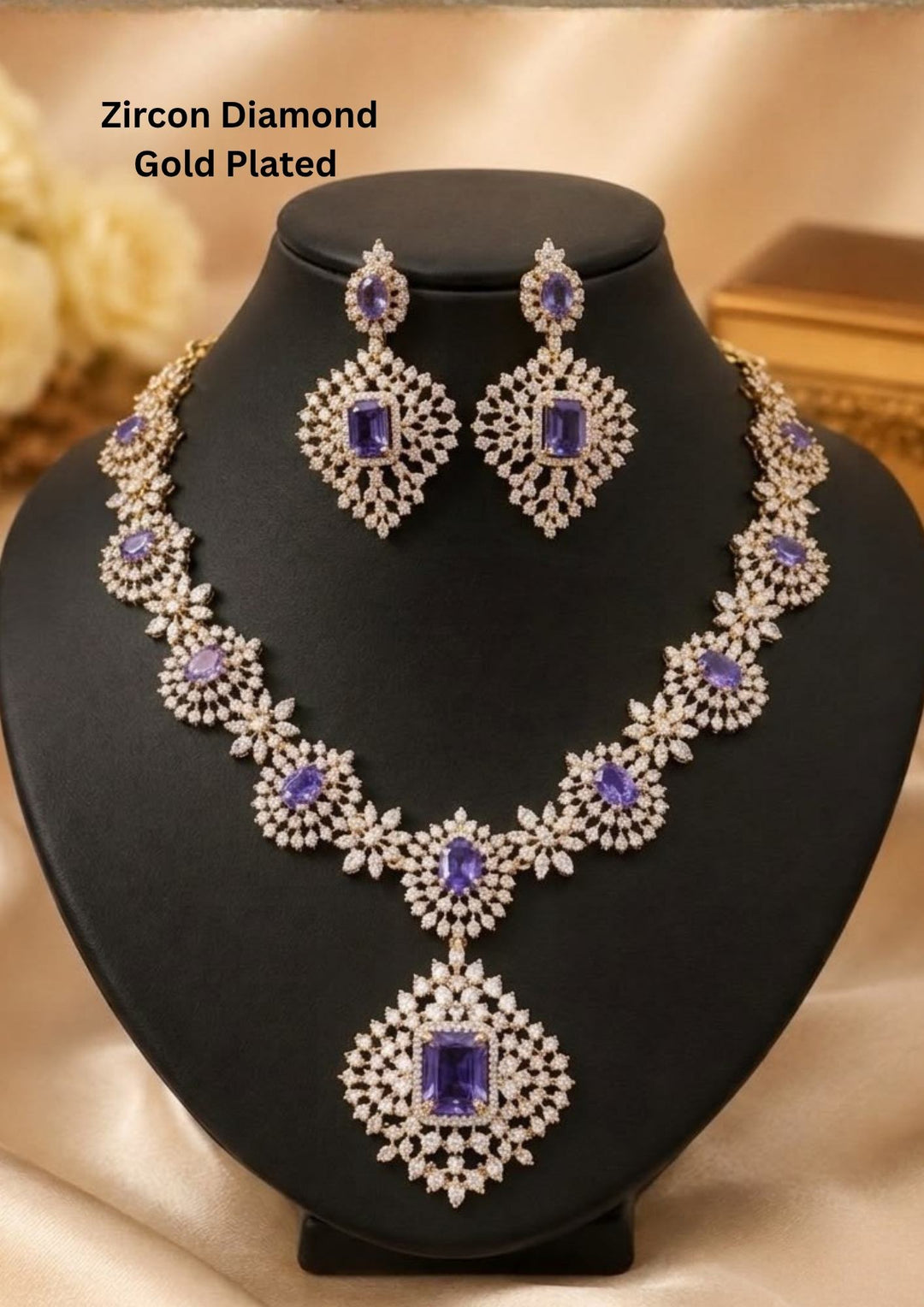 Beautiful zircon diamond gold plated purple necklace set featuring sparkling violet stones and matching long earrings. Perfect for weddings, receptions, parties, festive occasions, and premium gifting.