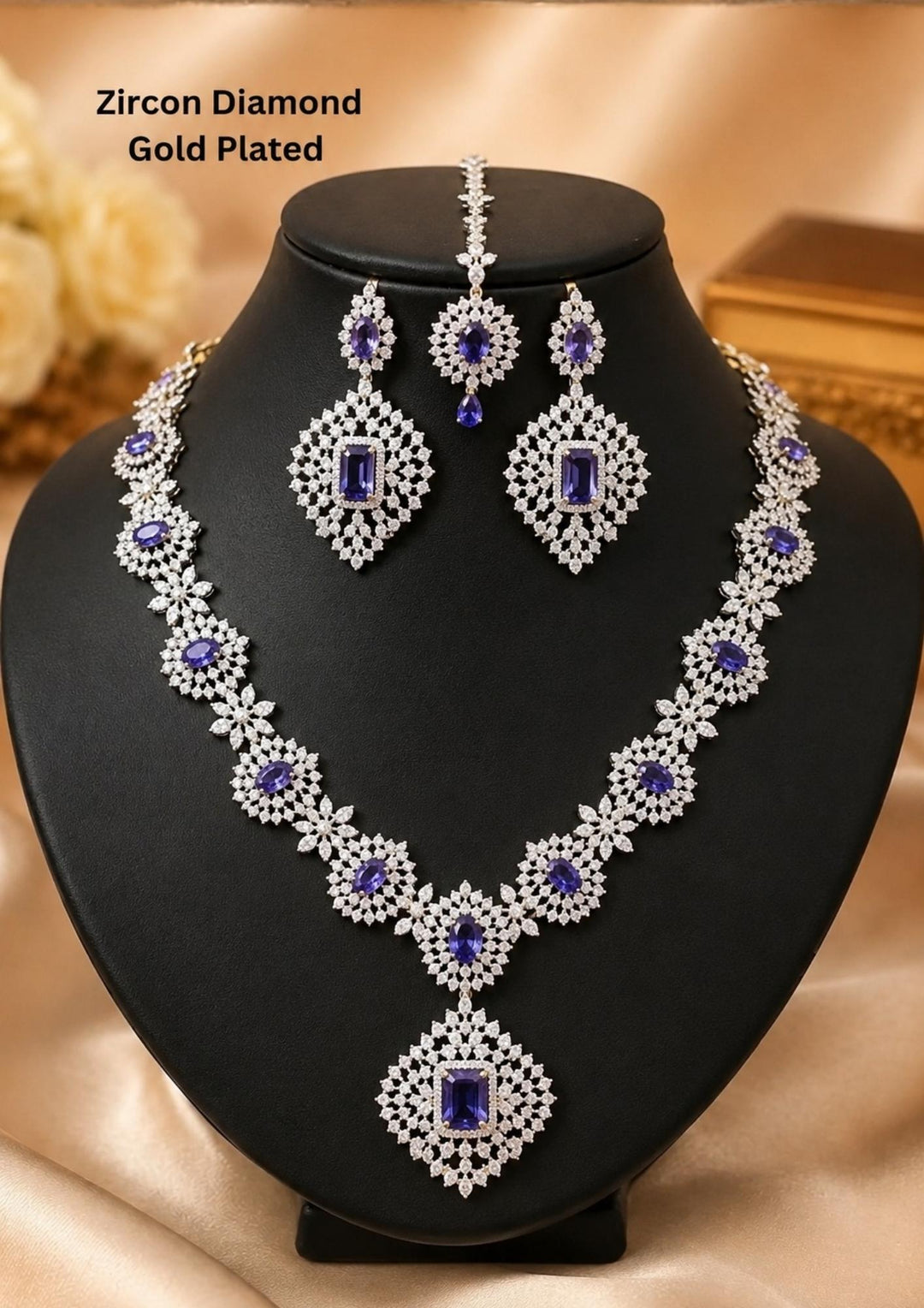 Beautiful zircon diamond gold plated purple necklace set featuring sparkling violet stones and matching long earrings. Perfect for weddings, receptions, parties, festive occasions, and premium gifting.