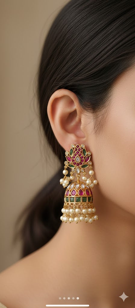 Jadau Kundan Lotus Gold Plated Jhumkas with Pearls g10600