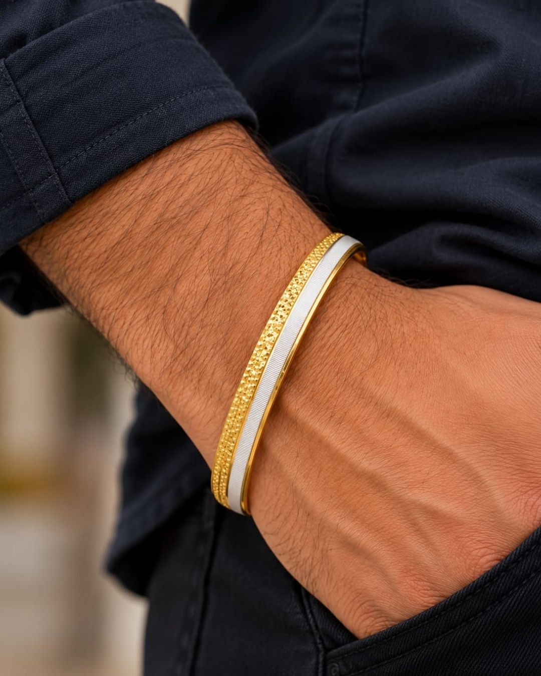 Gold Plated Men’s Kada with Textured Pattern