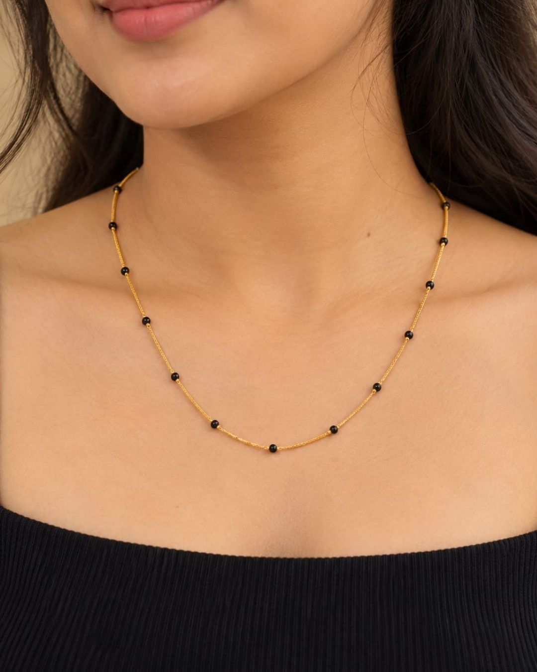 Gold Plated Simple Black Bead Mangalsutra