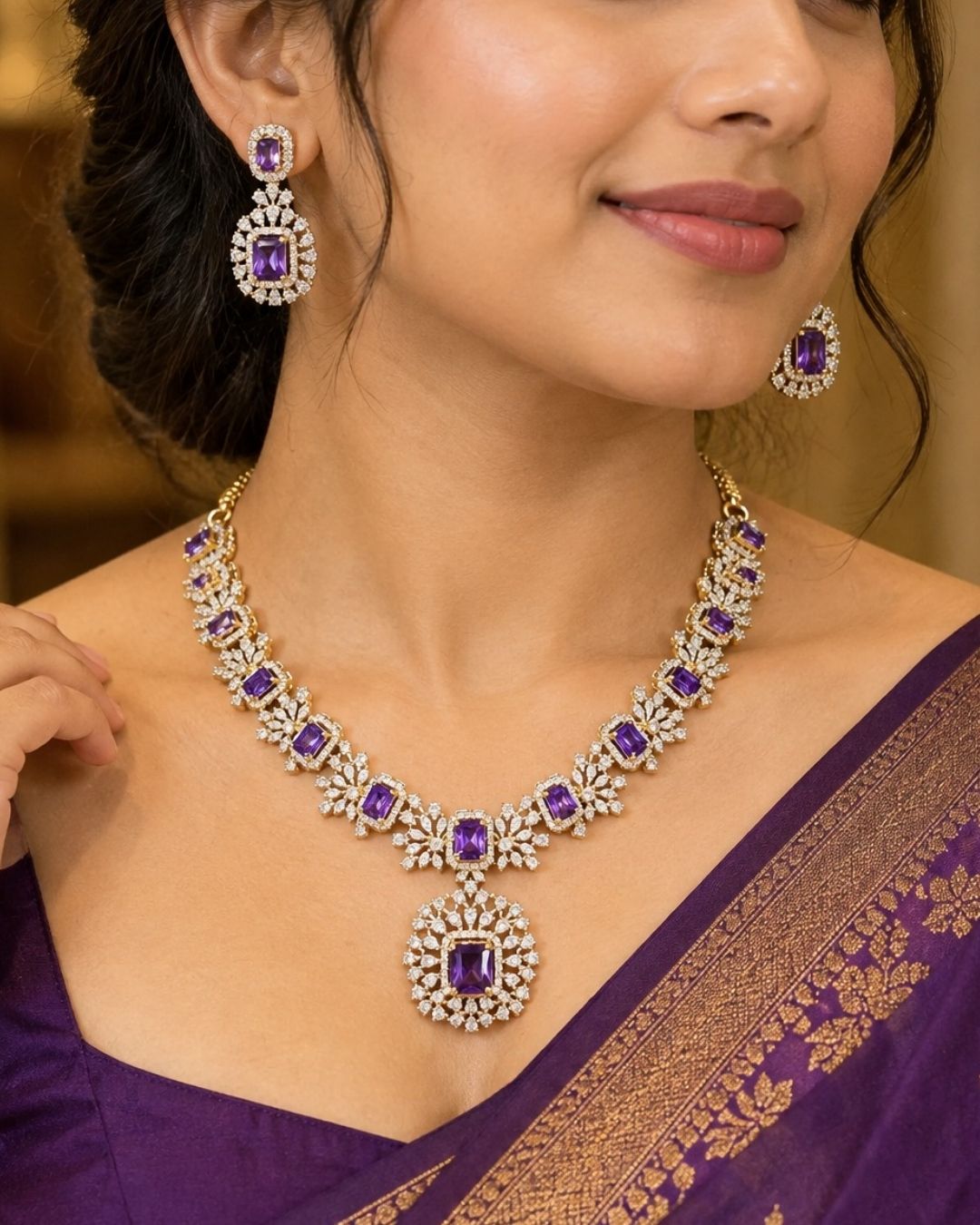 Beautiful necklace set crafted with brilliant red zircon stones and sparkling diamond-like zircon detailing in a premium gold plated finish.
Includes matching statement earrings for a coordinated elegant look.
Perfect for weddings, receptions, parties, festive celebrations, and evening occasions.