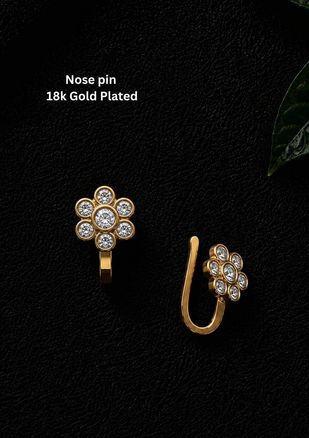 Gold-plated nose pin design with floral design using zircon diamonds with back open its perfect for weddings, dailywear and it is antifade color.