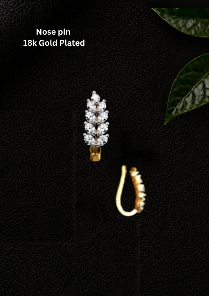 Gold-plated nose pin design with leaf design using zircon diamonds with back open its perfect for weddings, dailywear and it is antifade color.