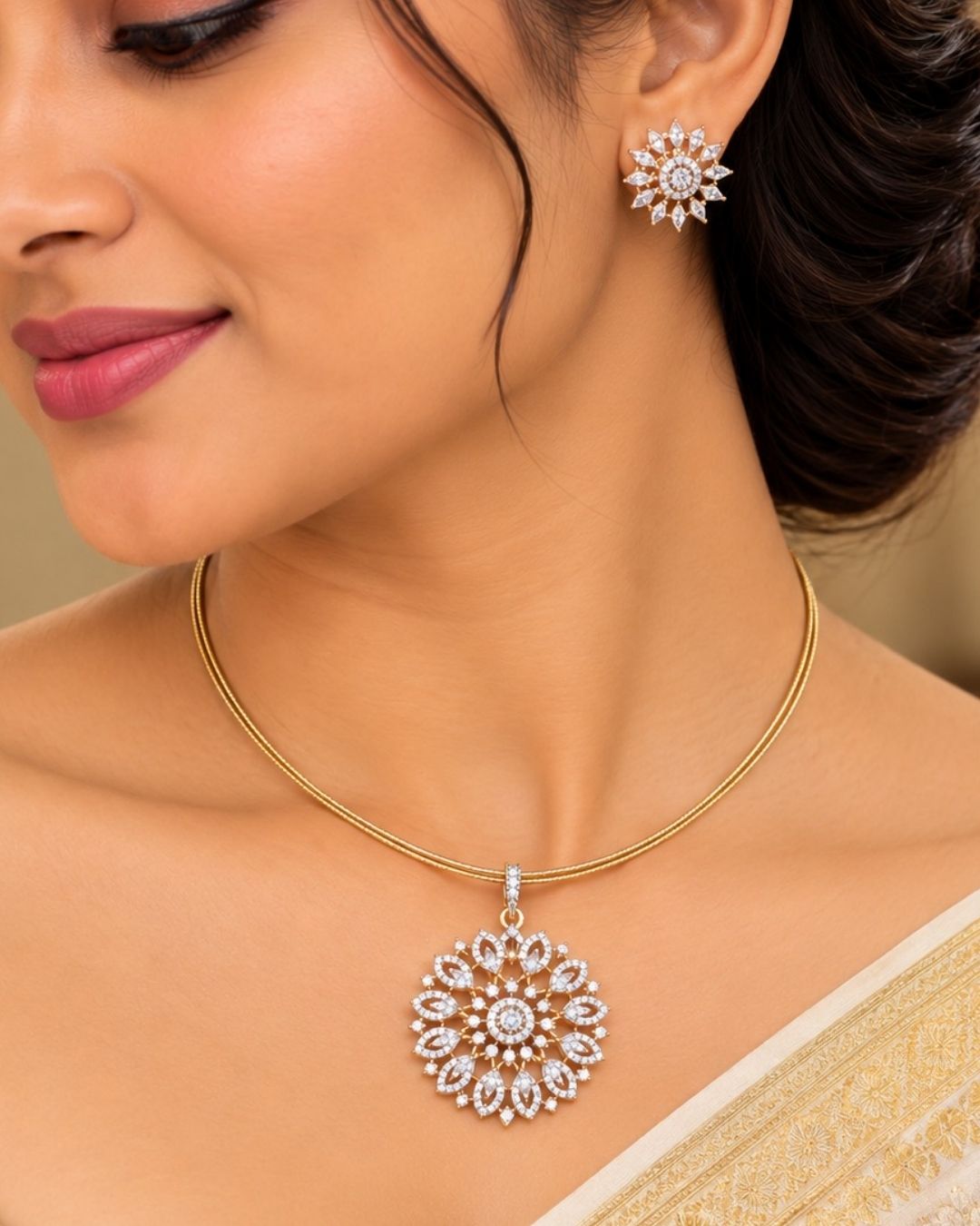 Premium gold plated necklace set featuring a large floral-inspired zircon pendant surrounded by sparkling stones, paired with matching floral stud earrings. Perfect for weddings, festive occasions, parties, traditional wear, and gifting.