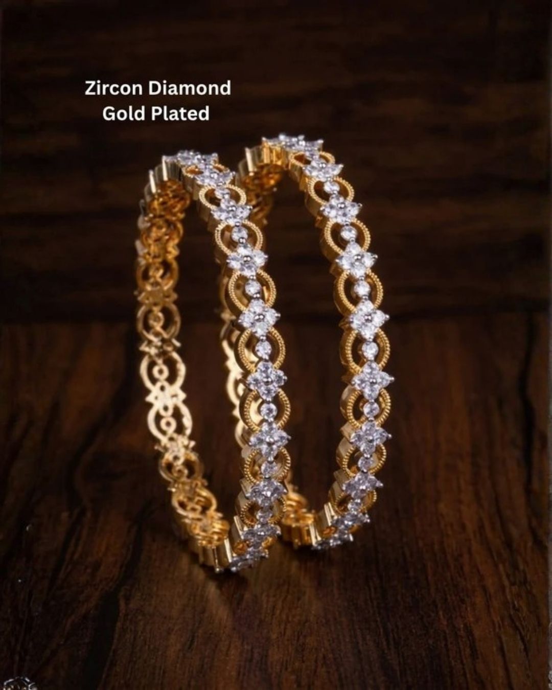 Gold-plated zircon diamond bangles comes with set of 2 and looks vert clear in picture how it looks and also in ide the bangle also in detailed and can be used for office ware , festivals and functions 