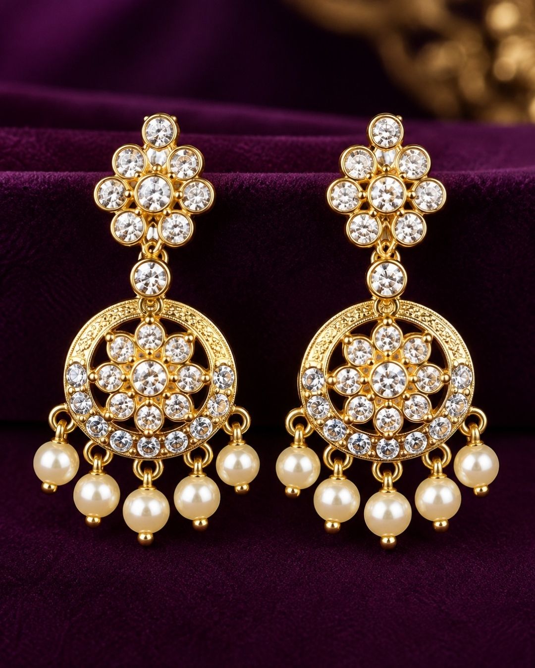 South indian Woman wearing a Gold plated zircon diamond necklace set featuring a sparkling floral pendant with pearl drops and matching earrings. Beautifully crafted with premium zircon stones, making it ideal for weddings, festive celebrations, receptions, and traditional occasions.