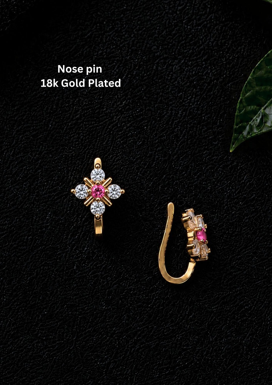 Gold-plated nose pin design with leaf design using zircon diamonds and pink gemstone with back open its perfect for weddings, dailywear and it is antifade color.