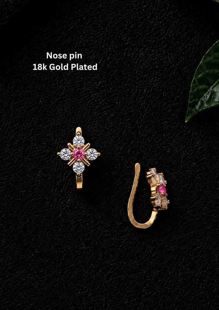 Gold-plated nose pin design with leaf design using zircon diamonds and pink gemstone with back open its perfect for weddings, dailywear and it is antifade color.