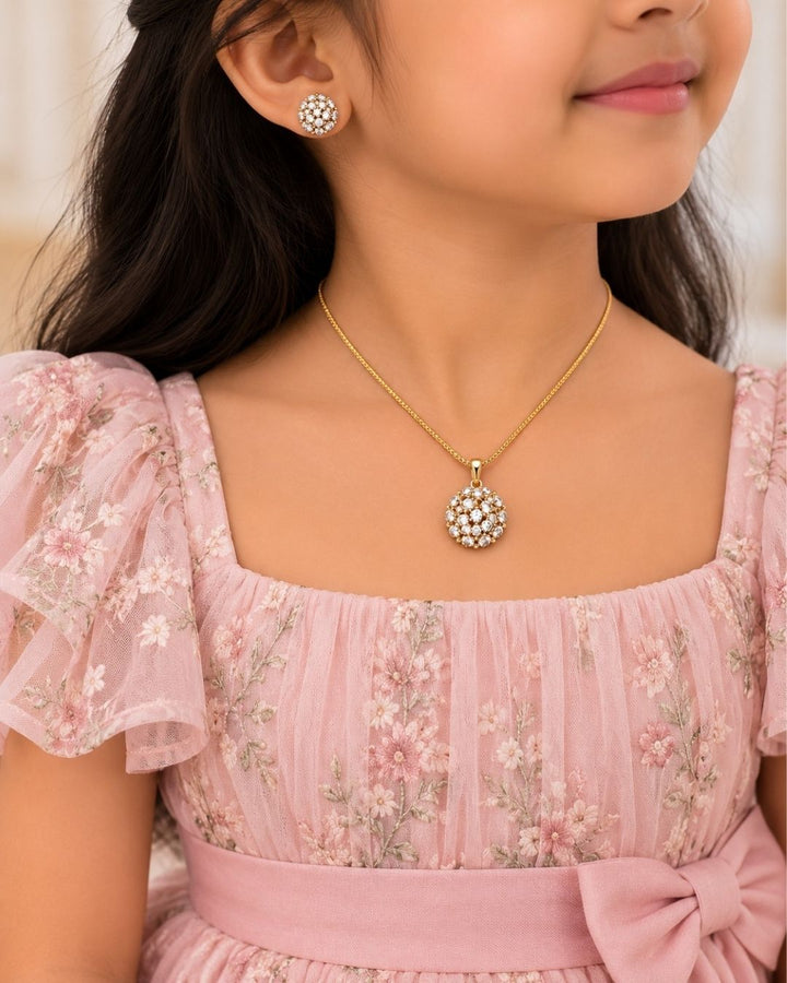 Premium 18K gold plated pendant and earrings set adorned with shimmering zircon stones in a timeless round cluster pattern for festive and daily wear.