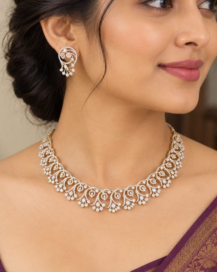 Pure Zirconian Diamond Gold Plated Floral Design Necklace with Earrings