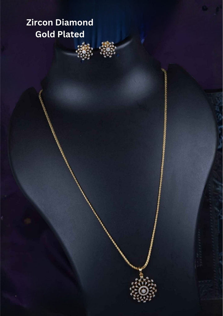 Zircon diamond 18K gold plated pendant set with matching floral studs and lightweight long chain necklace suitable for daily wear, festive wear, and traditional occasions with Sweat proof, anti-fade colour, skin-friendly finish.