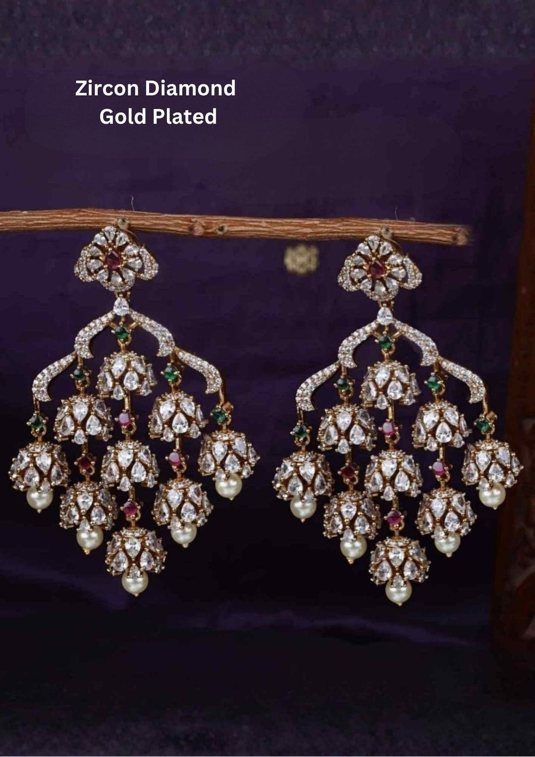 Zircon diamond gold plated red and green geam stones light weight earrings are waterproof, anti fade used for daily wear, office wear, weddings, and ideal for gifting. 