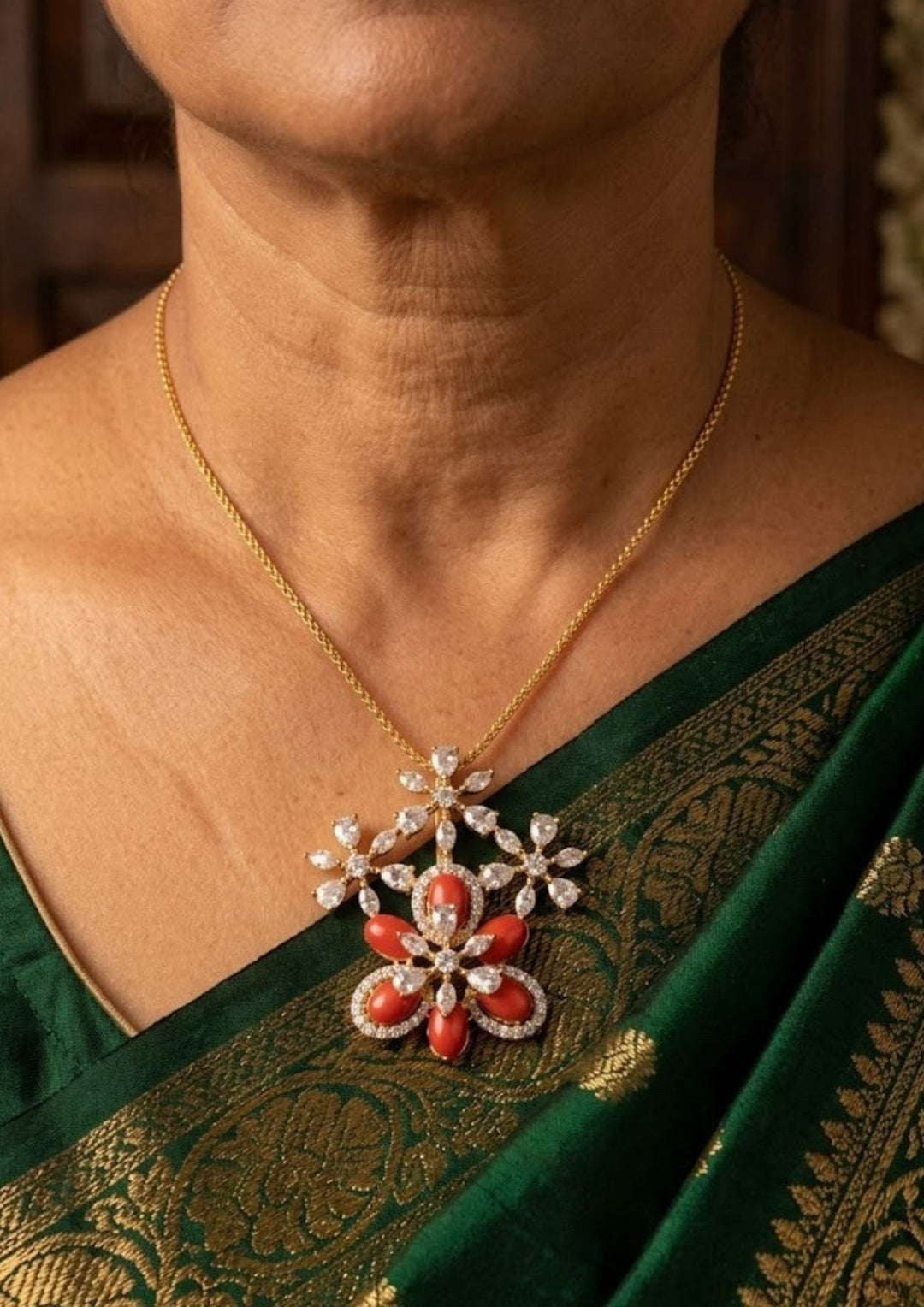 south indian traditional women wore zircon coral flower pendent and with neat finish can use for dailyware, pooja , festivals 