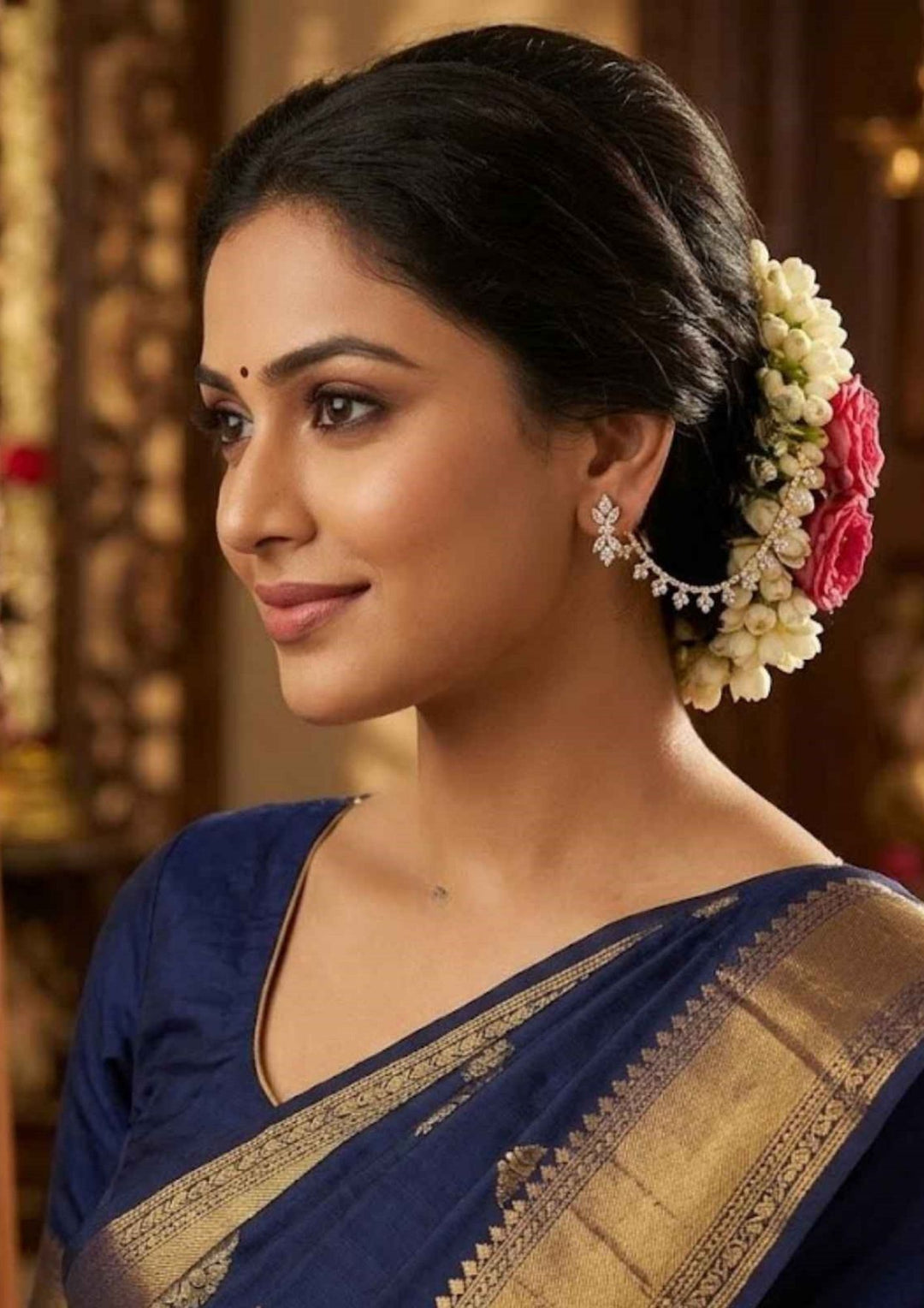Woman wearing diamond ear chains and looks very traditional and looks vey elegant and can use for weeding's , festival 