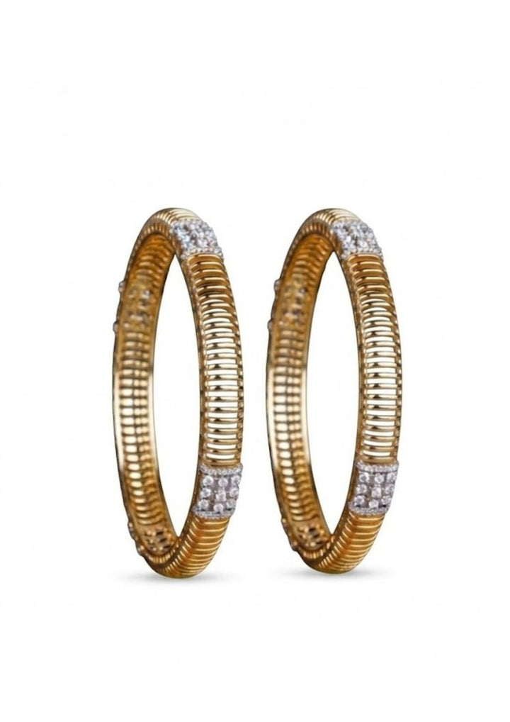 Gold plated bangles elegnt design with with white background and diamond bangles on flat lay detail for dailyware, pooja, south indian festivals